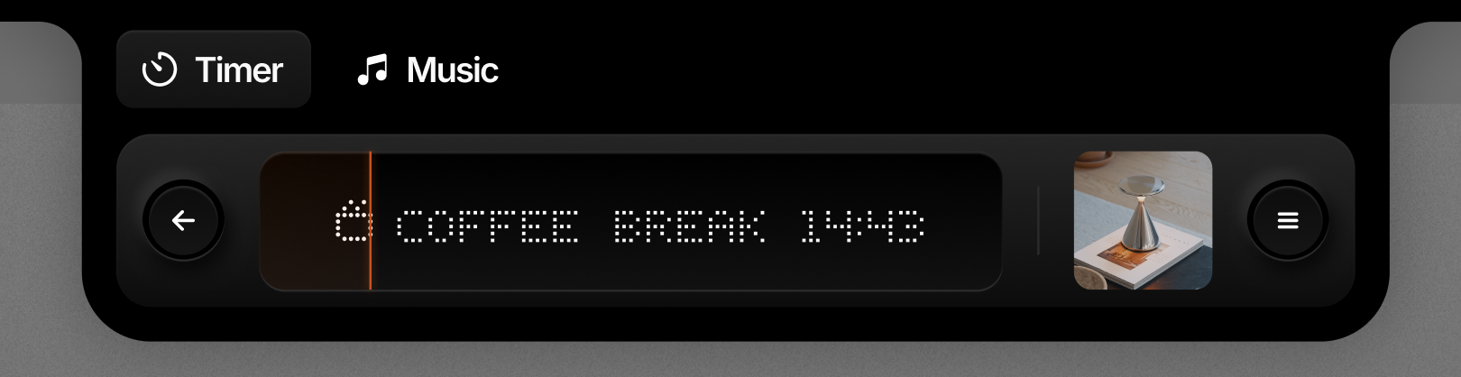 NotchFlow focus timer showing 'COFFEE BREAK 14:49' with album artwork and navigation controls